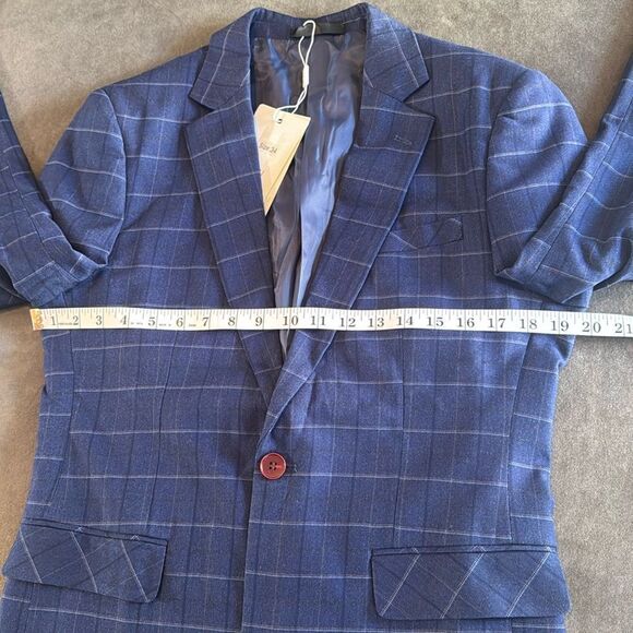 Men’s Blue Plaid 3 Piece Slim Fit Suit Notched Lapel Jacket 34 Pants 32 NEW - Picture 8 of 16